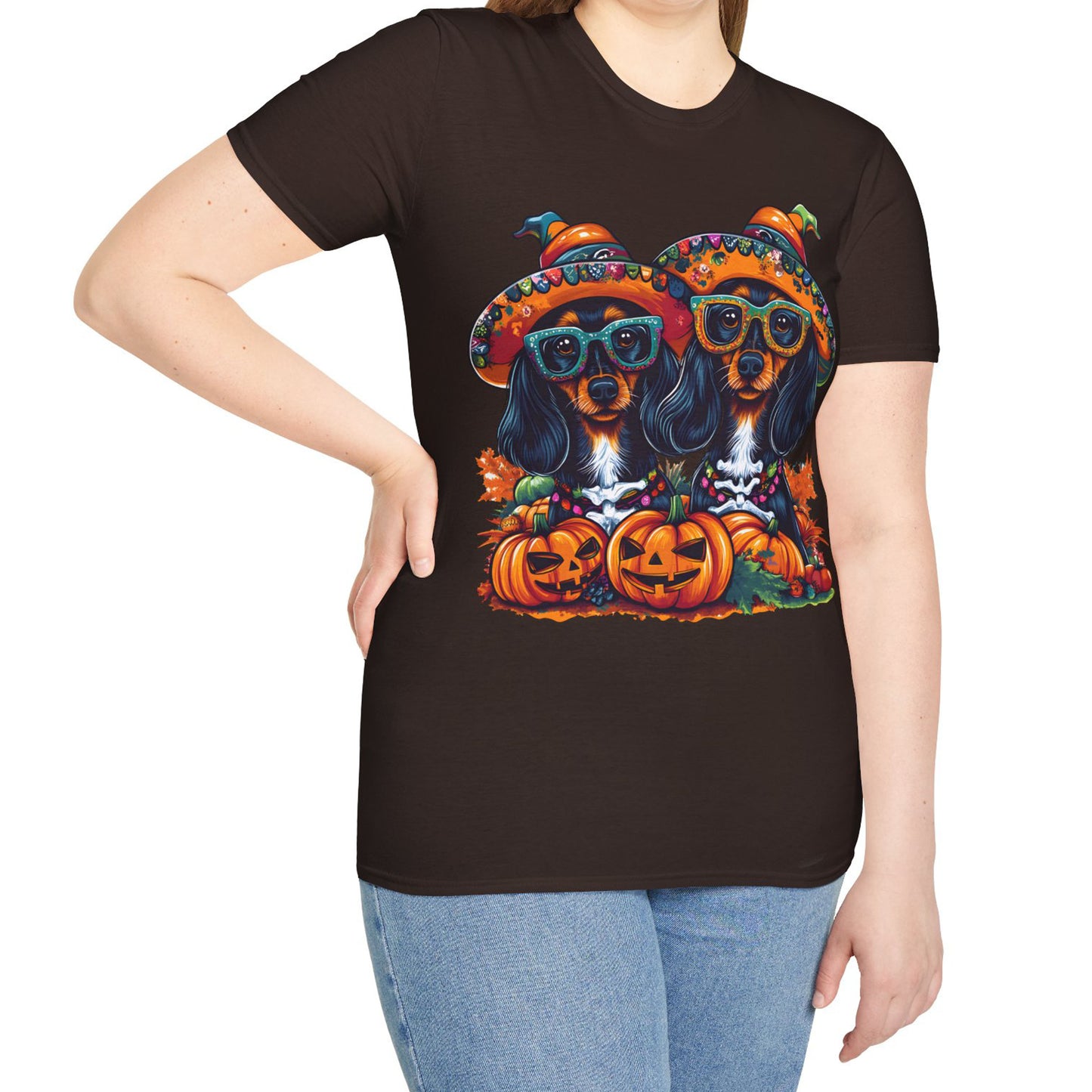 "We Like To Party" Black and Tan Long-Haired Dachshund Halloween Unisex Softstyle T-Shirt
