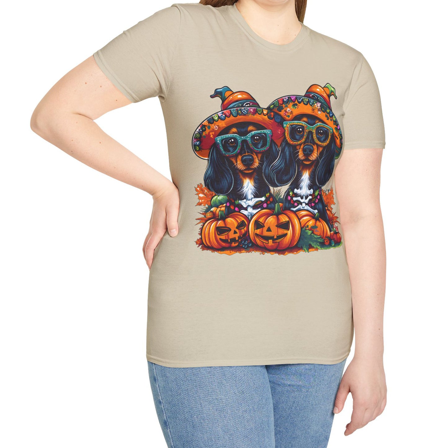"We Like To Party" Black and Tan Long-Haired Dachshund Halloween Unisex Softstyle T-Shirt