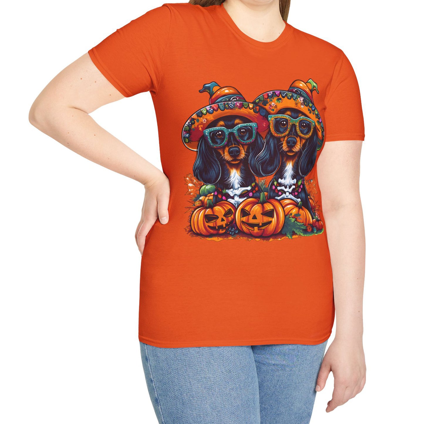 "We Like To Party" Black and Tan Long-Haired Dachshund Halloween Unisex Softstyle T-Shirt