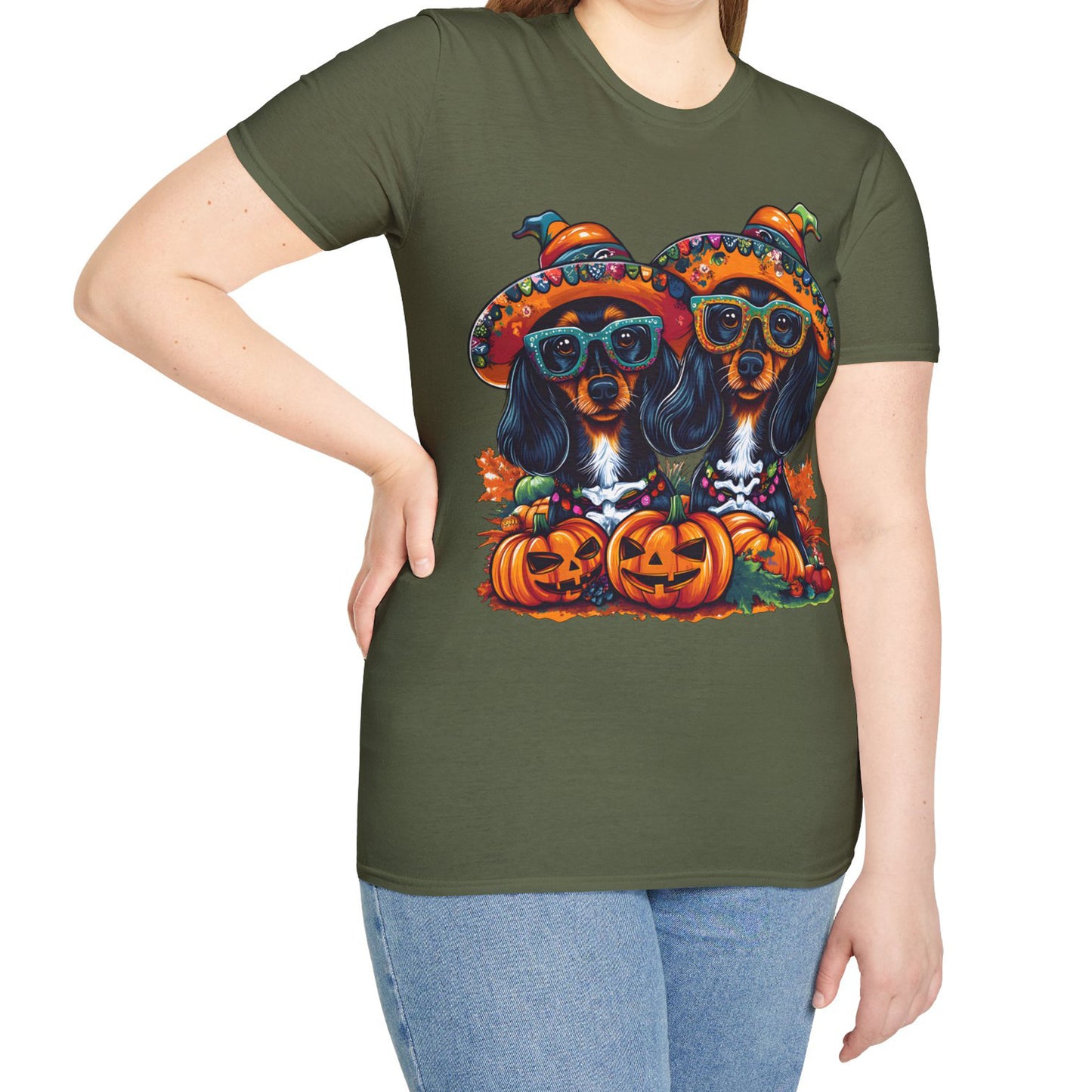 "We Like To Party" Black and Tan Long-Haired Dachshund Halloween Unisex Softstyle T-Shirt