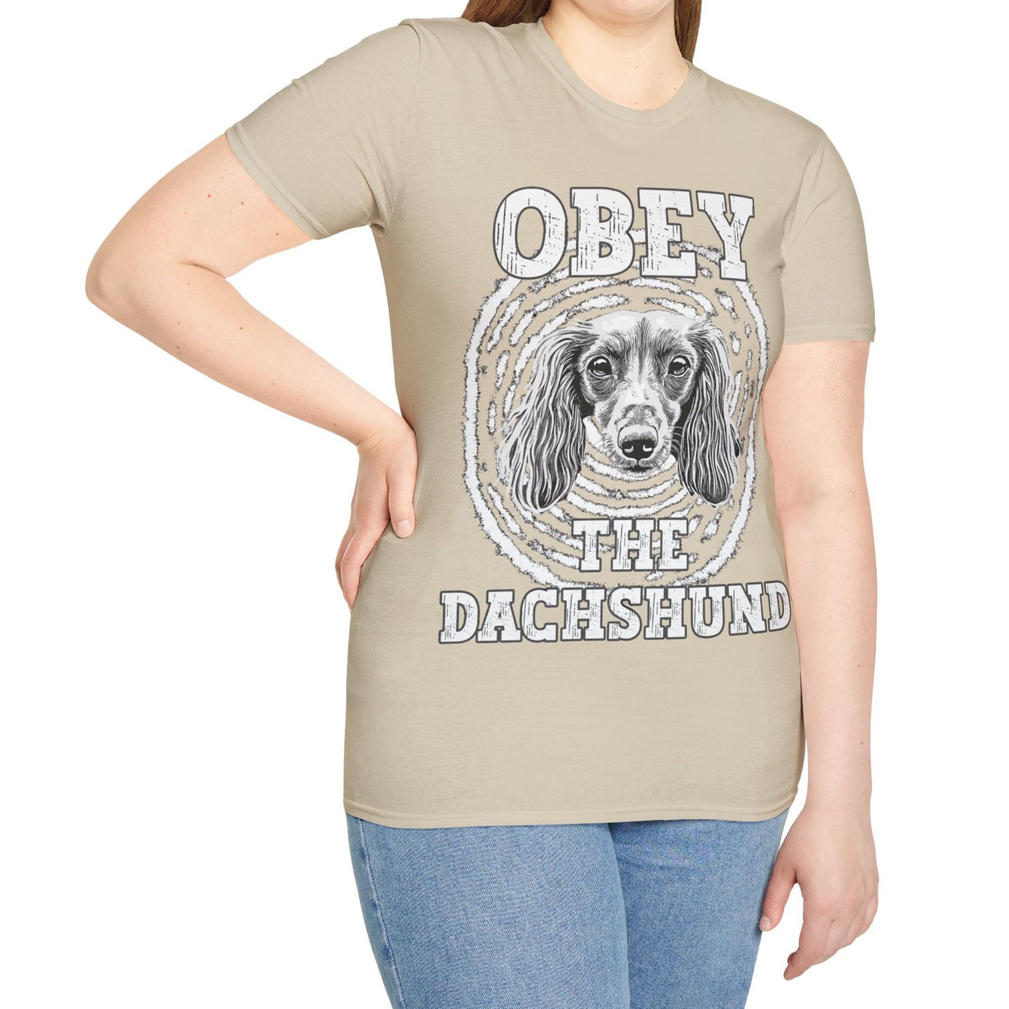 "Obey" Long-Haired Dachshund Unisex Softstyle T-Shirt
