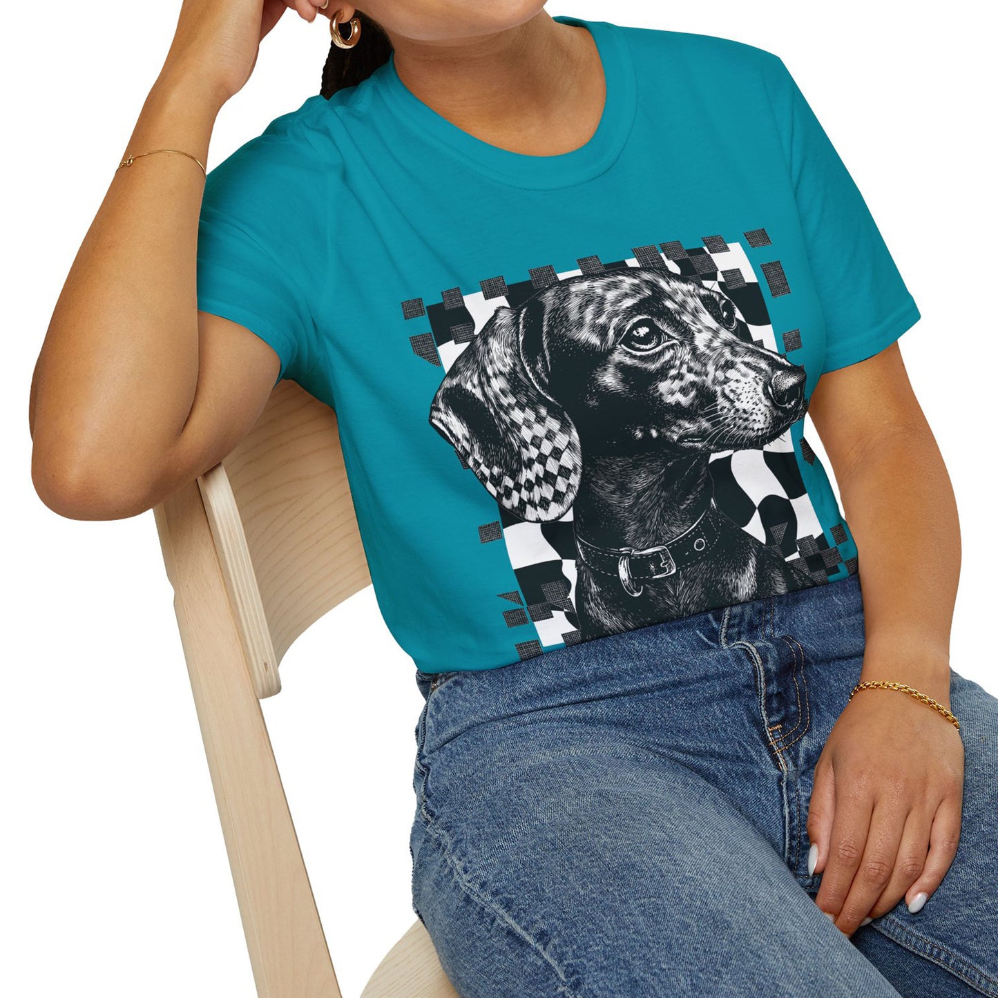 "Smooth Checked" Black & Tan Smooth-Haired Dachshund Unisex Softstyle T-Shirt