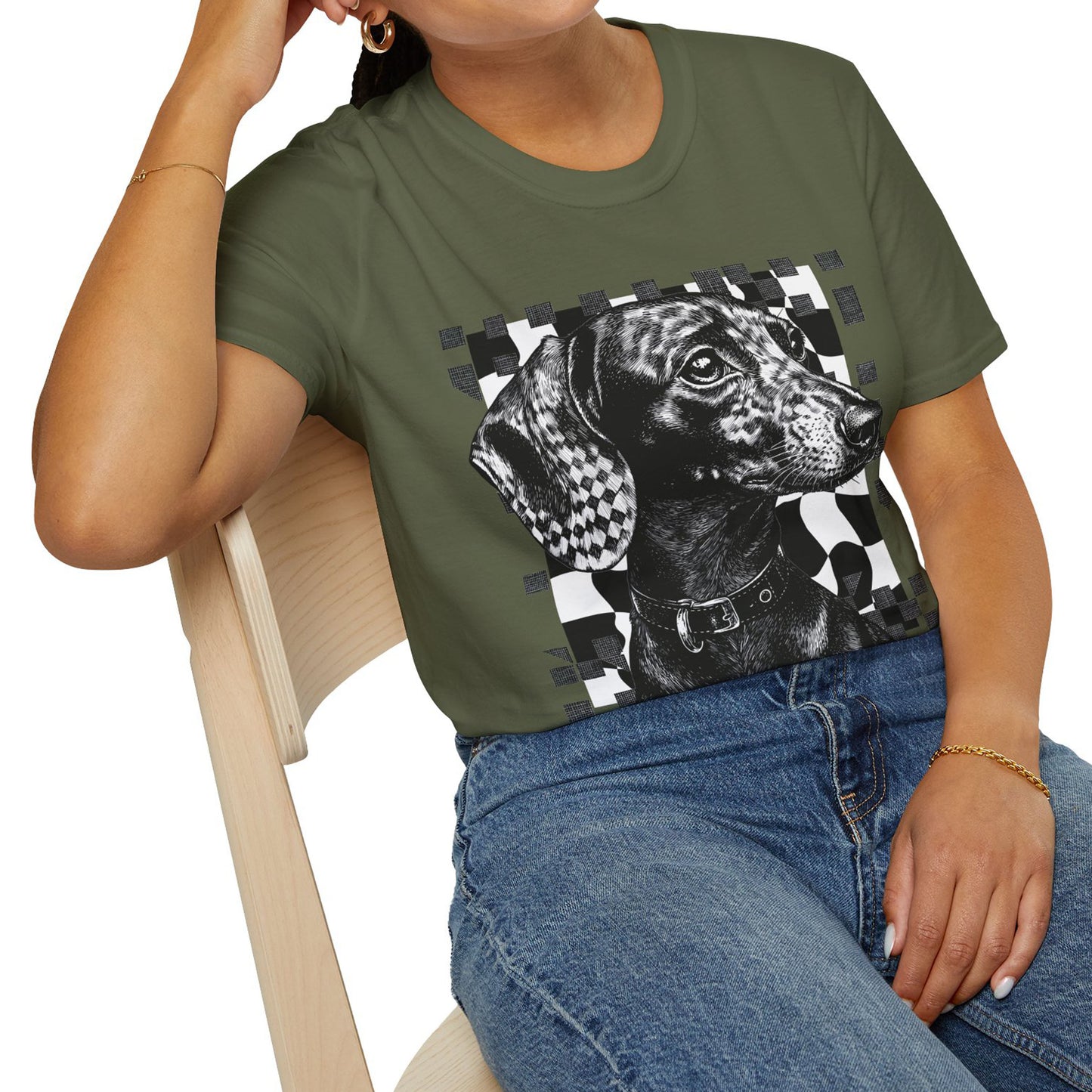 "Smooth Checked" Black & Tan Smooth-Haired Dachshund Unisex Softstyle T-Shirt