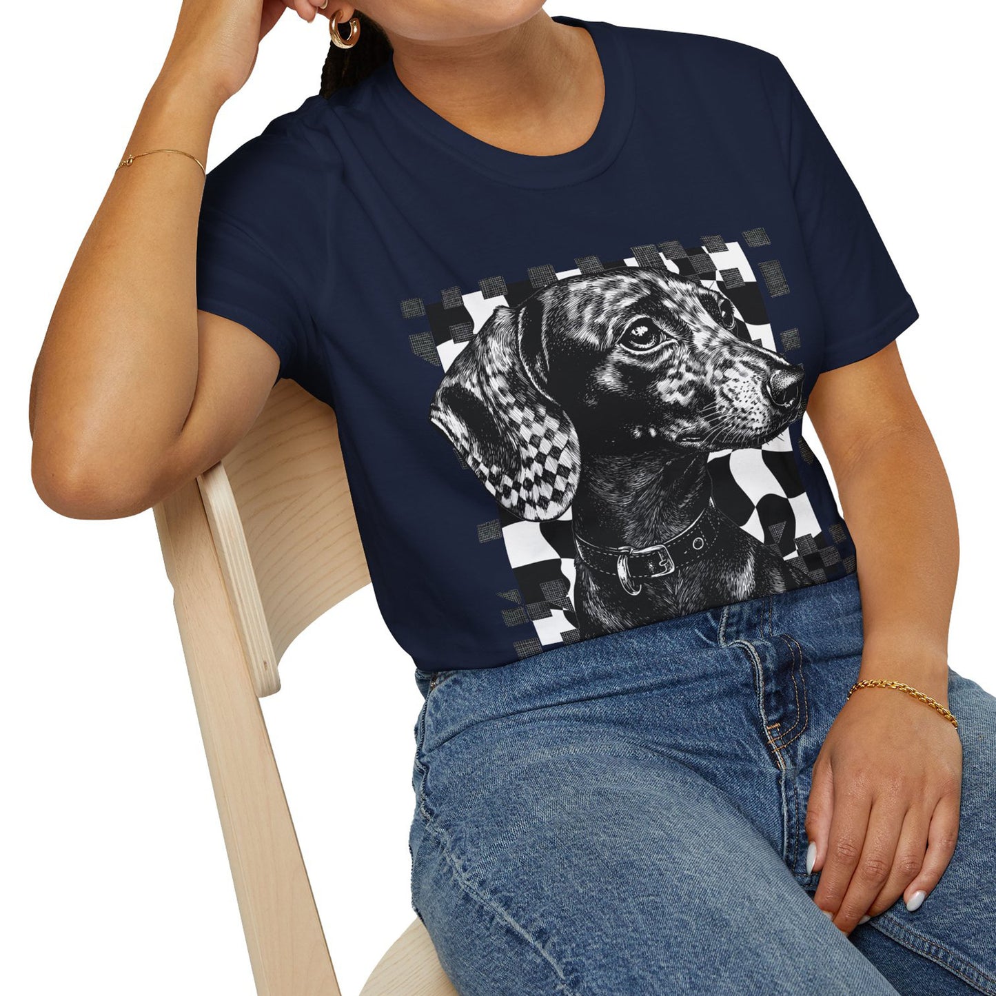 "Smooth Checked" Black & Tan Smooth-Haired Dachshund Unisex Softstyle T-Shirt