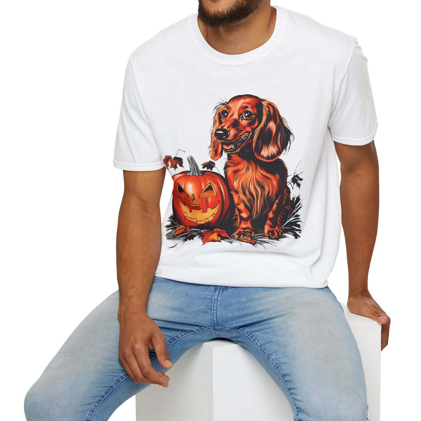 "Red Autumn" Red-Haired Long-Haired Dachshund Halloween Unisex Softstyle T-Shirt