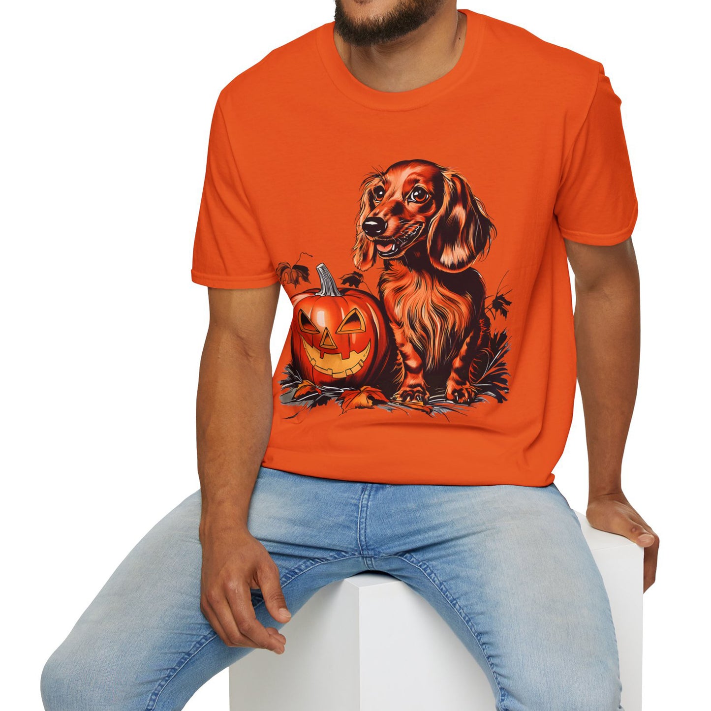 "Red Autumn" Red-Haired Long-Haired Dachshund Halloween Unisex Softstyle T-Shirt