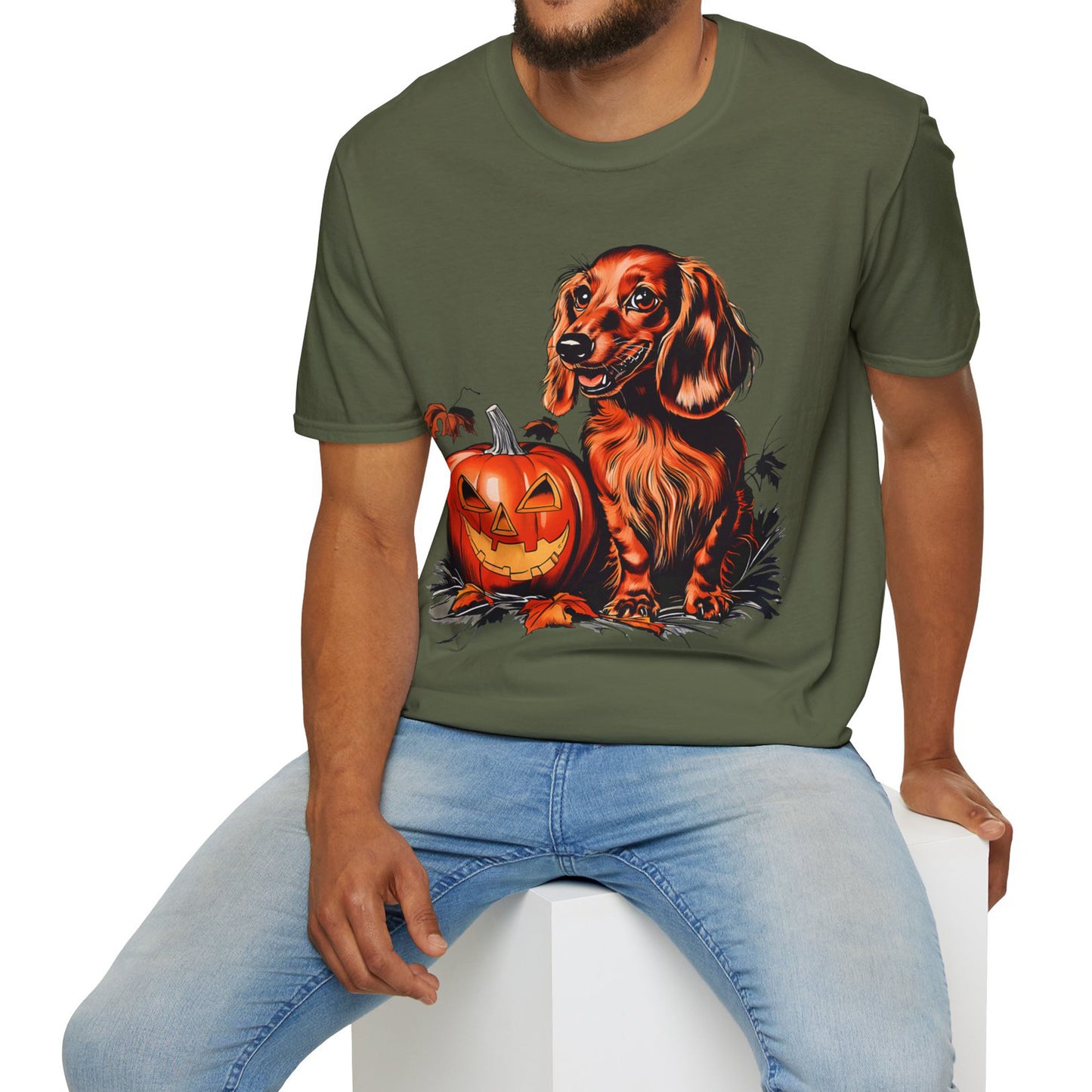 "Red Autumn" Red-Haired Long-Haired Dachshund Halloween Unisex Softstyle T-Shirt
