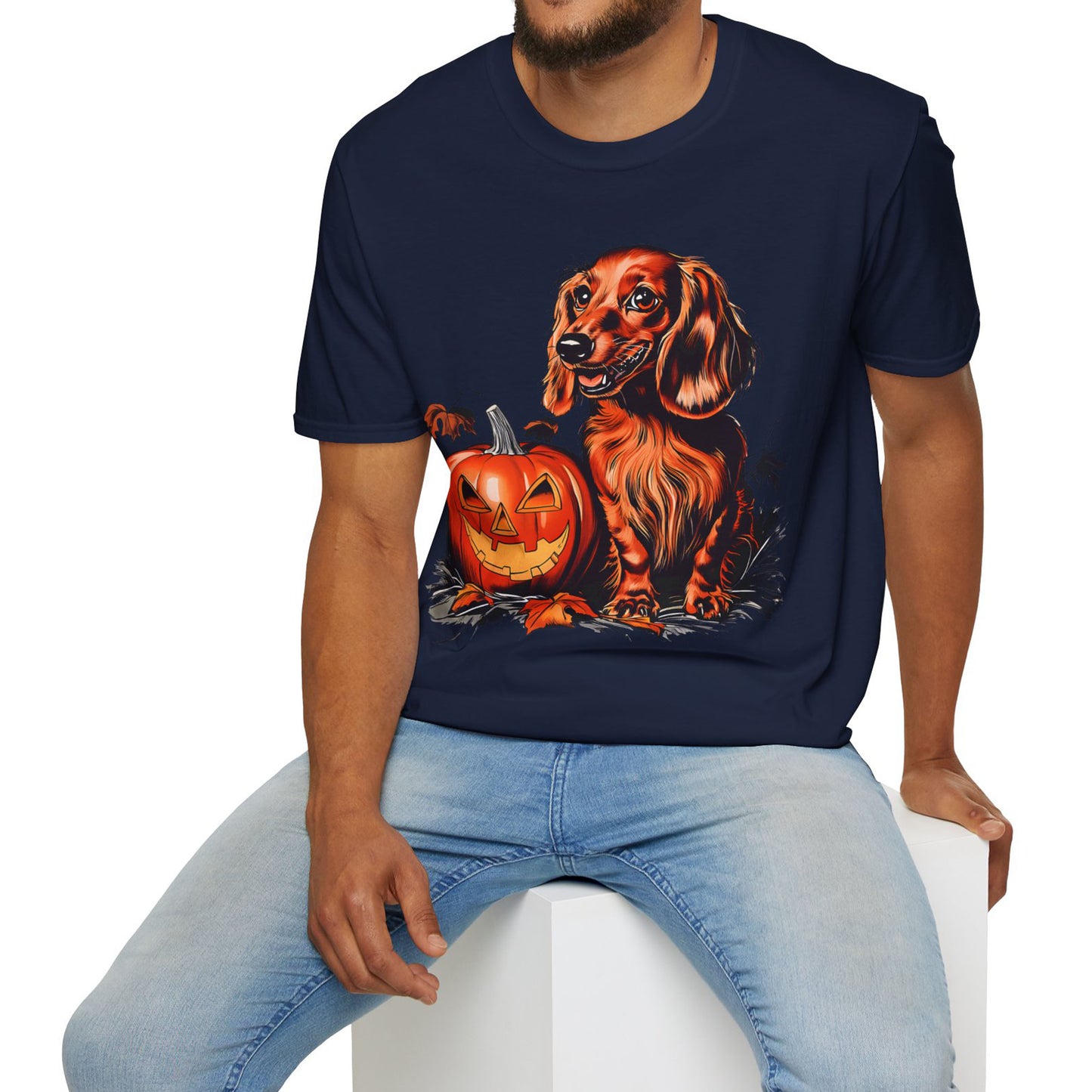 "Red Autumn" Red-Haired Long-Haired Dachshund Halloween Unisex Softstyle T-Shirt