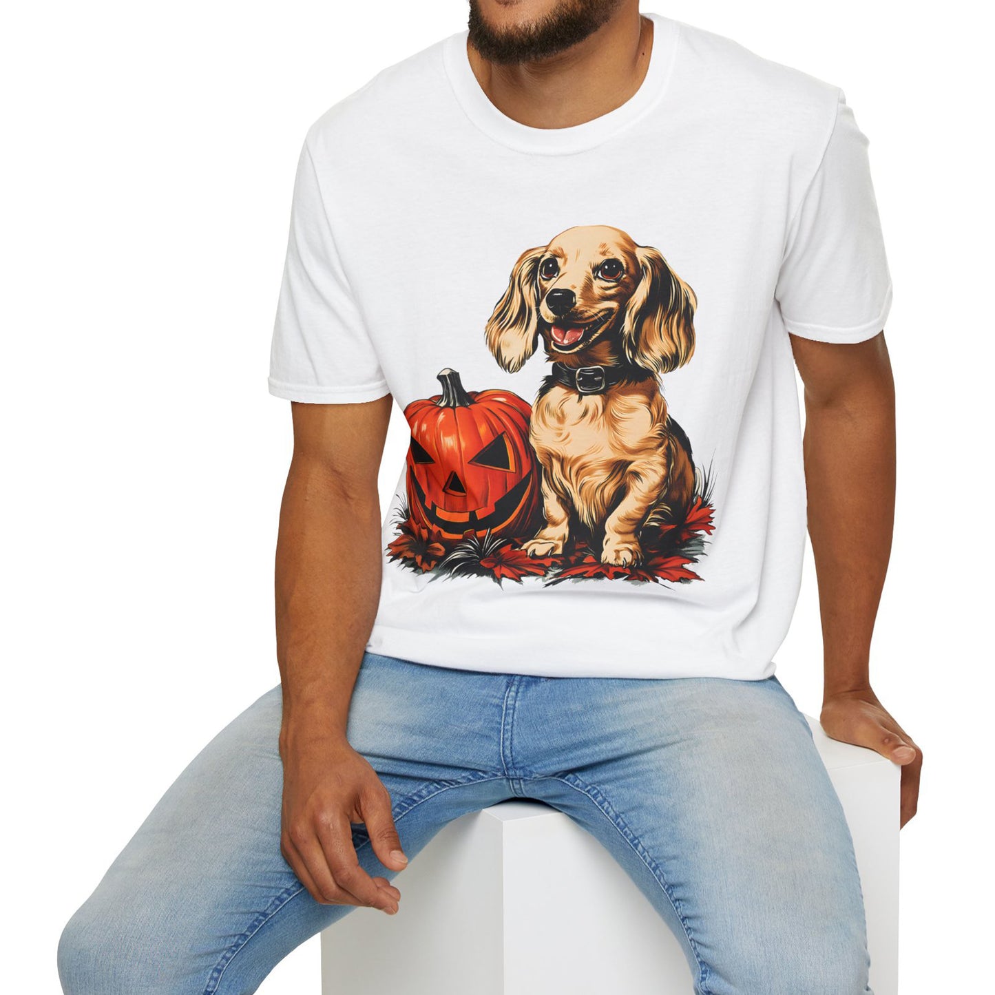 "Shiny" Cream-Colored Long-Haired Dachshund Halloween Unisex Softstyle T-Shirt