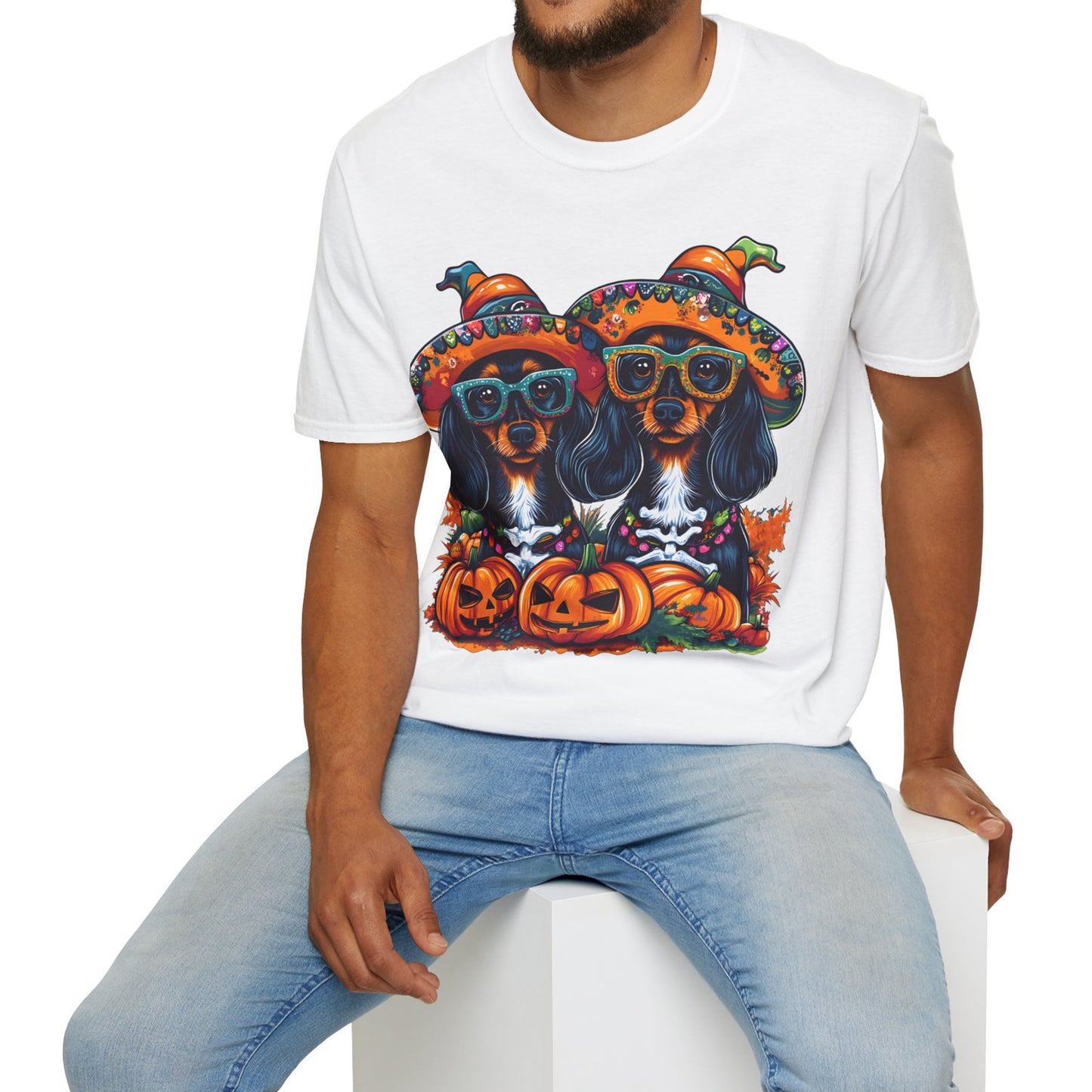 "We Like To Party" Black and Tan Long-Haired Dachshund Halloween Unisex Softstyle T-Shirt