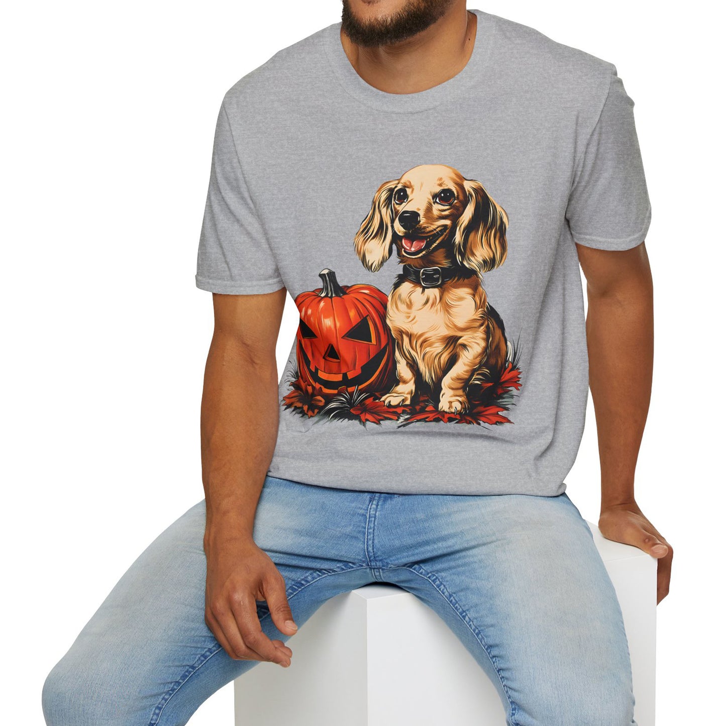 "Shiny" Cream-Colored Long-Haired Dachshund Halloween Unisex Softstyle T-Shirt