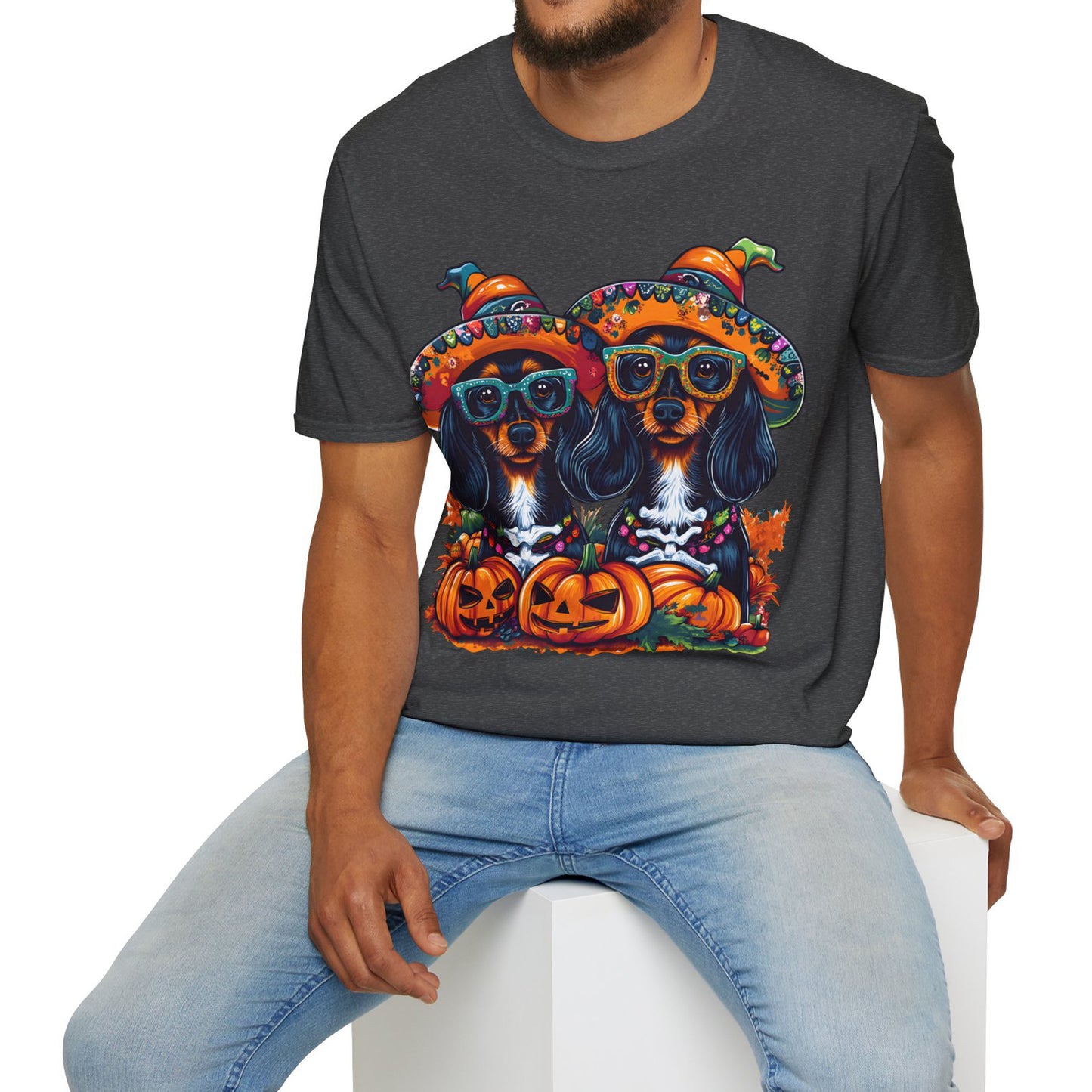 "We Like To Party" Black and Tan Long-Haired Dachshund Halloween Unisex Softstyle T-Shirt