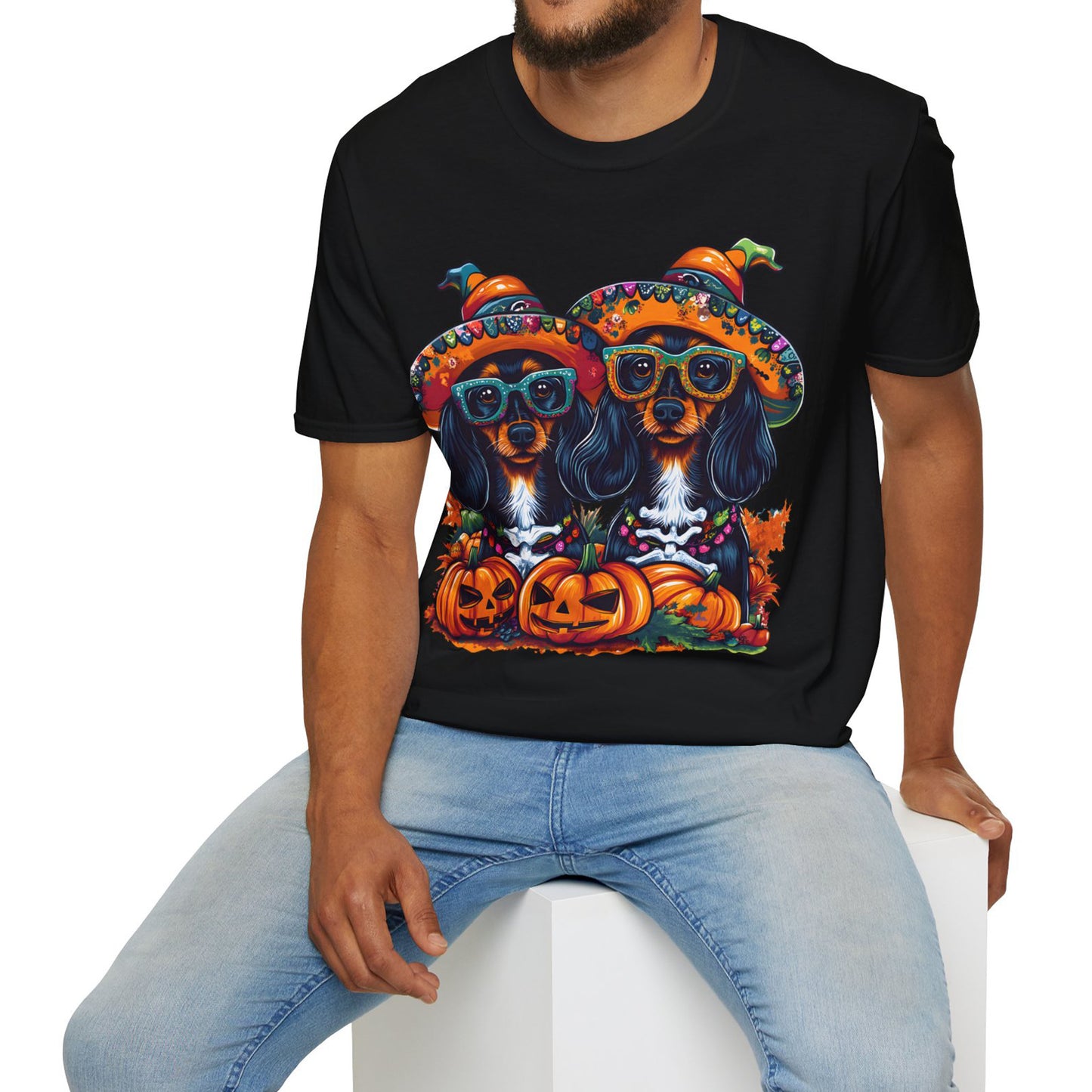 "We Like To Party" Black and Tan Long-Haired Dachshund Halloween Unisex Softstyle T-Shirt