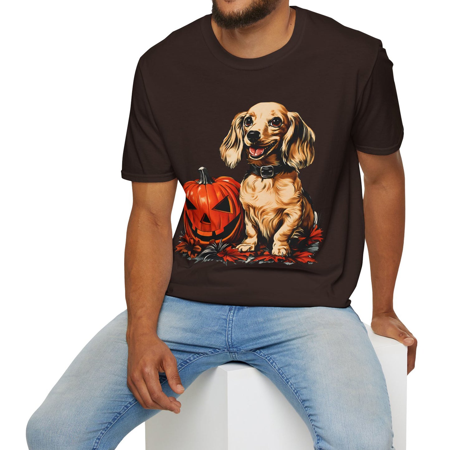 "Shiny" Cream-Colored Long-Haired Dachshund Halloween Unisex Softstyle T-Shirt