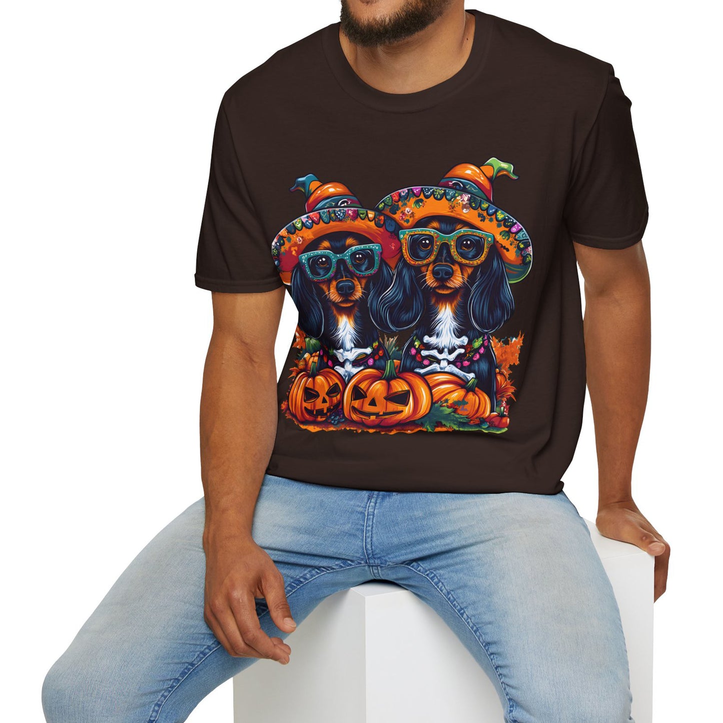 "We Like To Party" Black and Tan Long-Haired Dachshund Halloween Unisex Softstyle T-Shirt