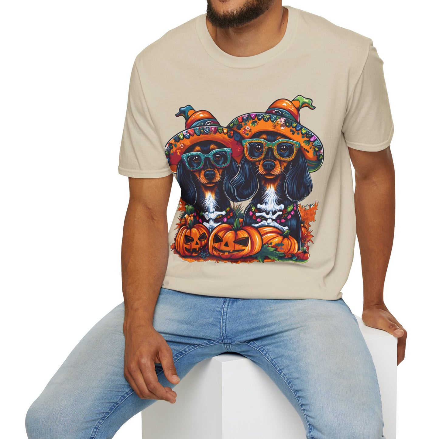 "We Like To Party" Black and Tan Long-Haired Dachshund Halloween Unisex Softstyle T-Shirt