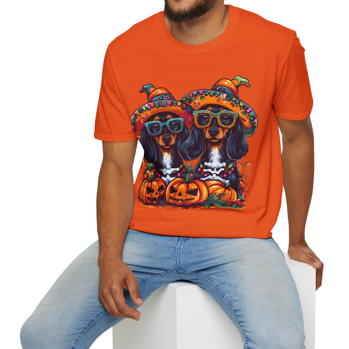 "We Like To Party" Black and Tan Long-Haired Dachshund Halloween Unisex Softstyle T-Shirt