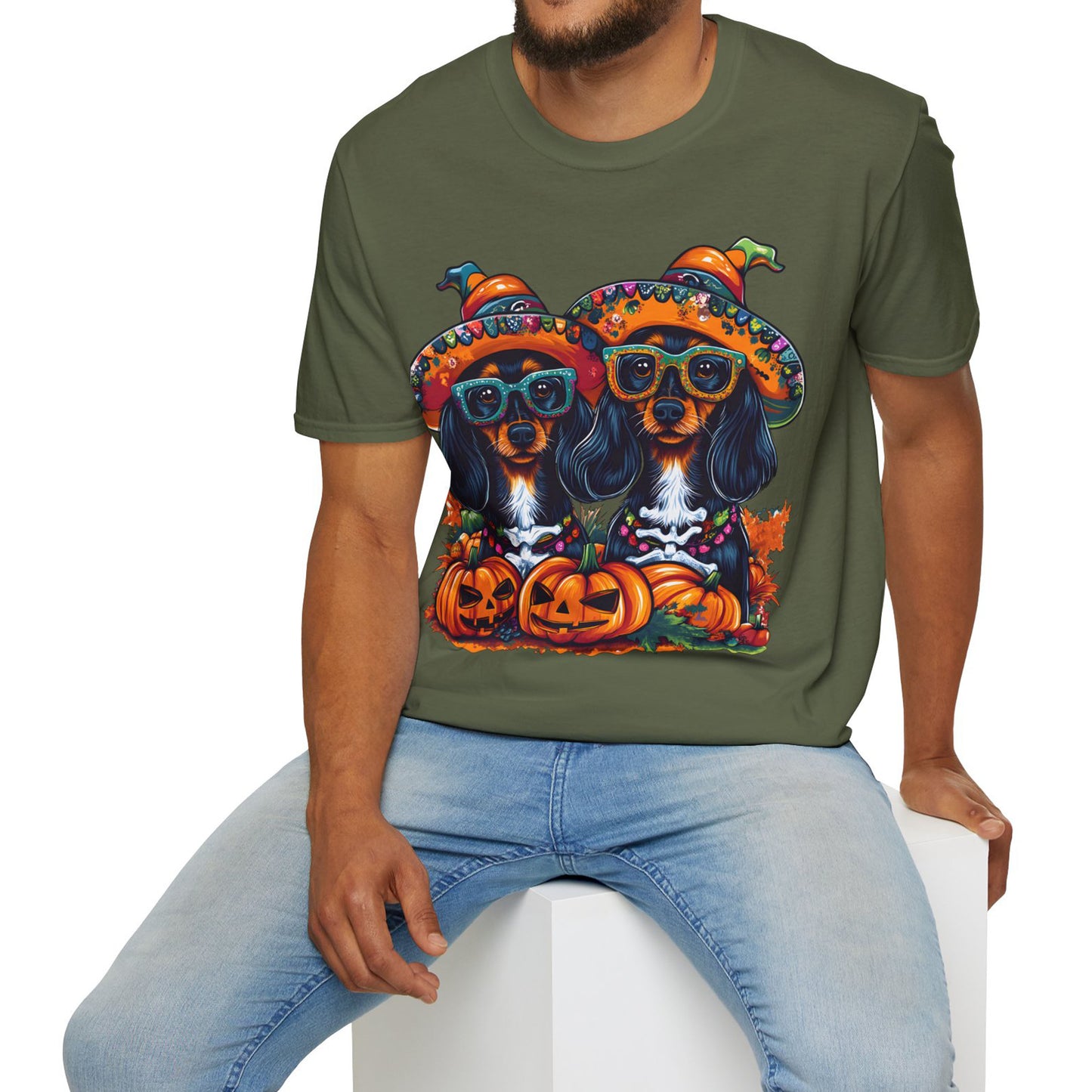 "We Like To Party" Black and Tan Long-Haired Dachshund Halloween Unisex Softstyle T-Shirt