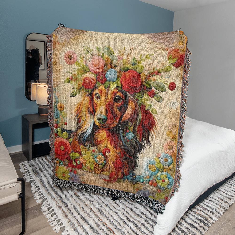 "Floral Flourish" Red Long-Haired Dachshund Floral Embroidery Inspired Woven Blanket