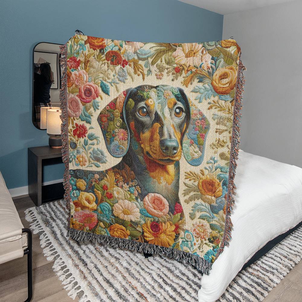"Crafted" Black & Tan Smooth-Haired Dachshund Colorful Embroidery Inspired Woven Blanket