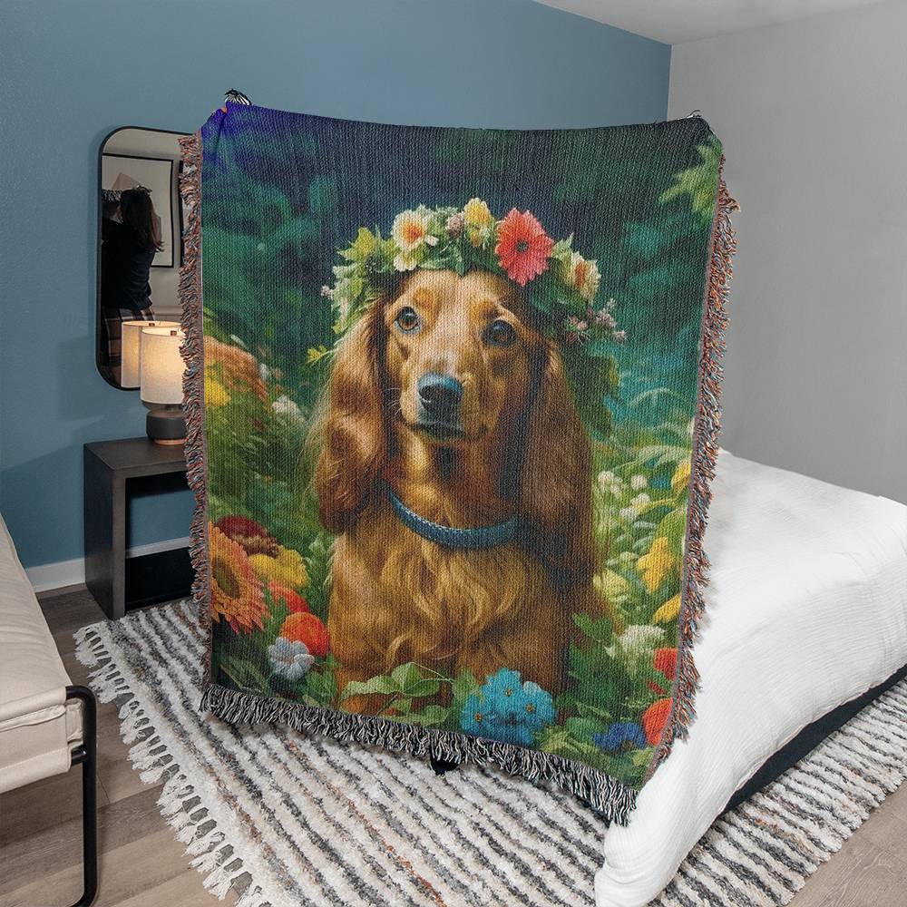 "Ruby-Locks" Red Long-Haired Dachshund Floral Impressionism Woven Blanket