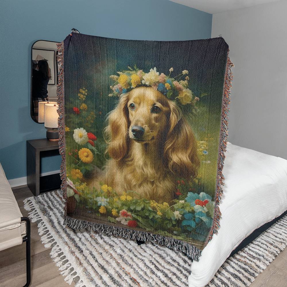 "Sweet Long Face" Cream-Colored Long-Haired Dachshund Floral Impressionism Woven Blanket