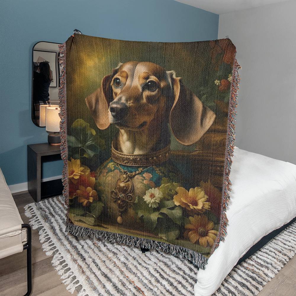 "The Duke of Doxie" Brown Smooth-Haired Dachshund Floral Impressionism Woven Blanket
