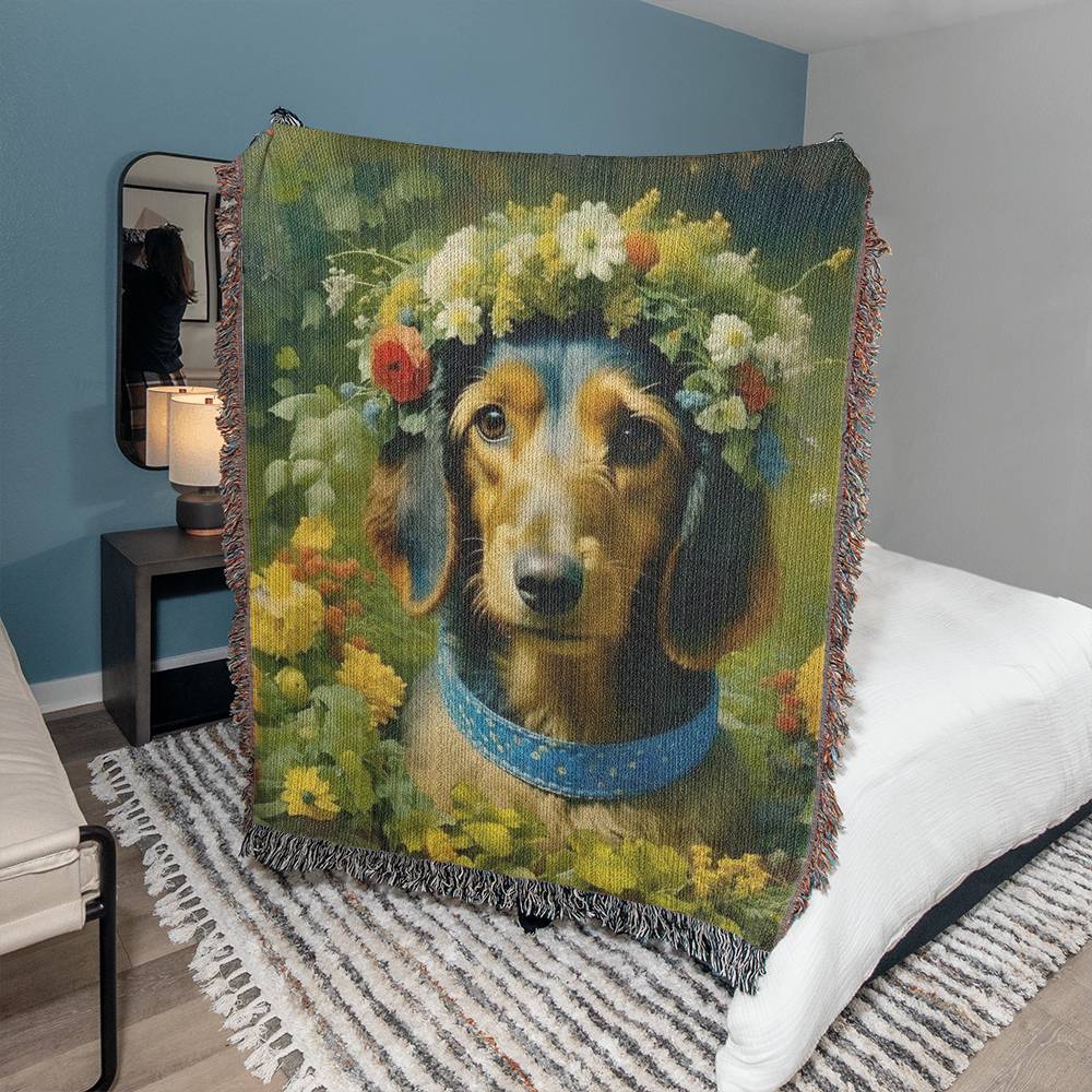 "Don't Get Your Wires Crossed, I'm Cute" Wire-Haired Dachshund Floral Impressionism Woven Blanket
