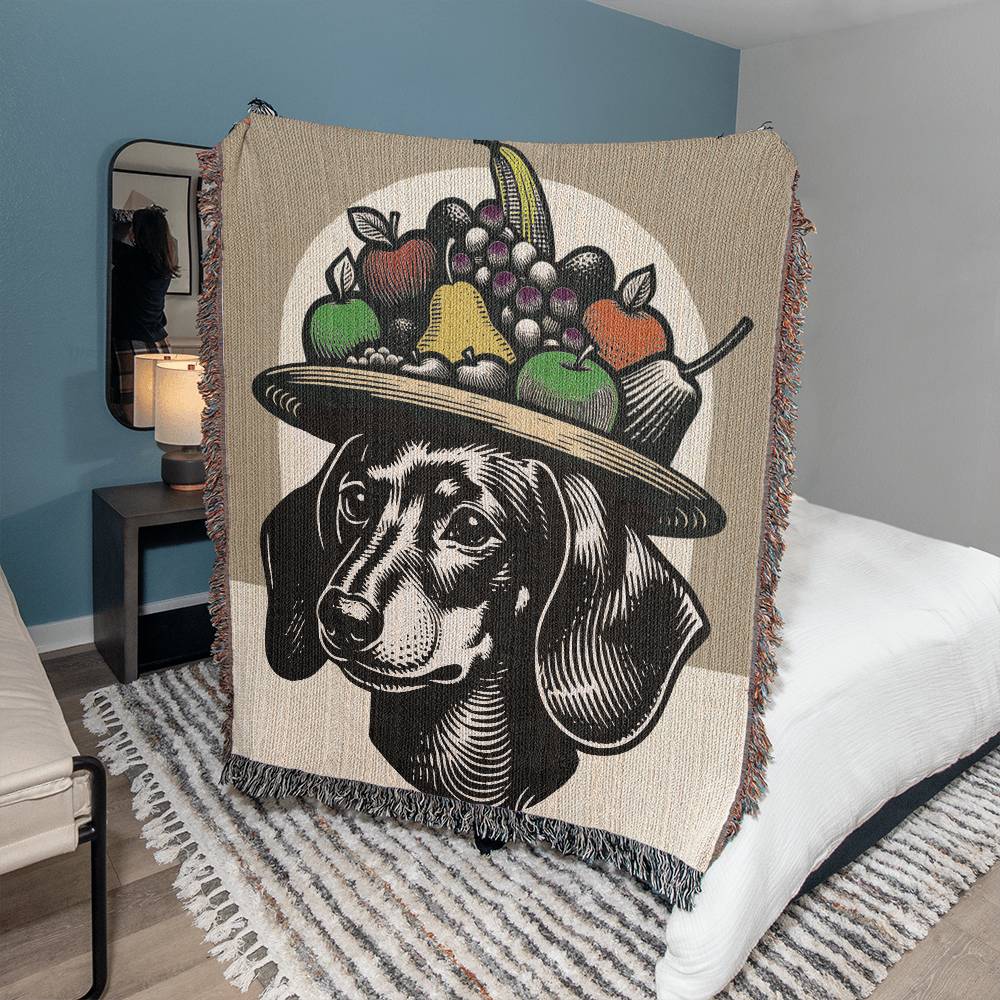 "Fruit Salad" Smooth-Haired Dachshund Tan/Cream Colored Woven Blanket