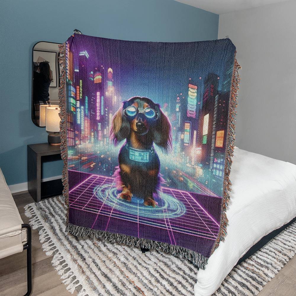 "The Circuit" Long-Haired Dachshund Sci-Fi Inspired Woven Blanket