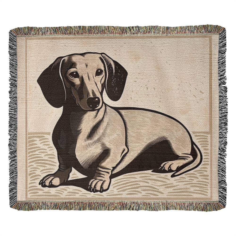 "Sandy" Tan Smooth-Haired Dachshund Linocut Woven Blanket