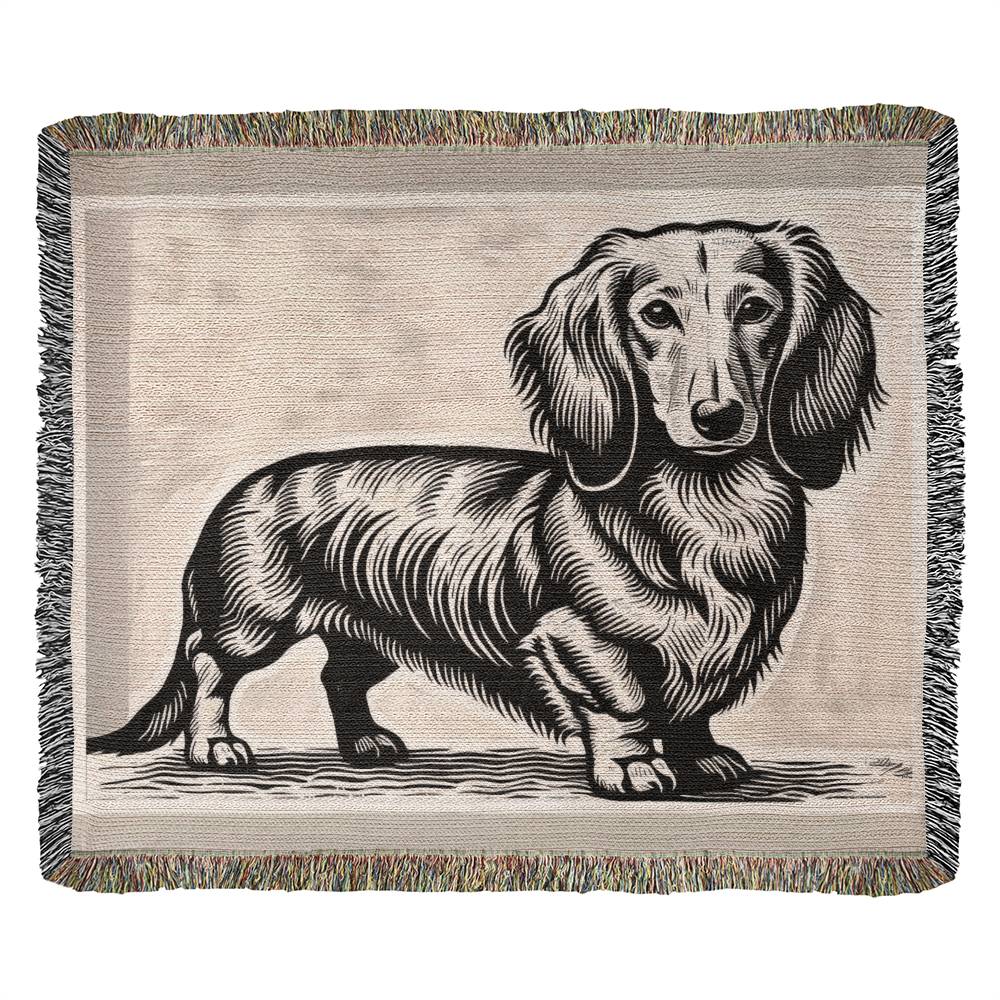 "Sandstone" Cream-Colored Long-Haired Dachshund Linocut Woven Blanket