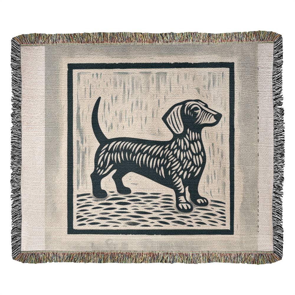 "Chiseled" Smooth-Haired Dachshund Linocut Woven Blanket