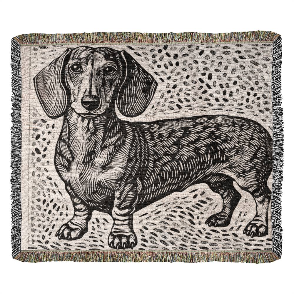 "Speckled Cutie" Smooth-Haired Dachshund Black & Gray Linocut Woven Blanket