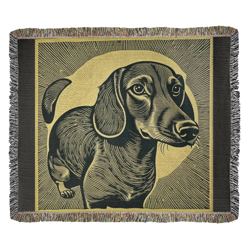"From A Different Paw-Spective" Black & Tan Smooth-Haired Dachshund Linocut Woven Blanket