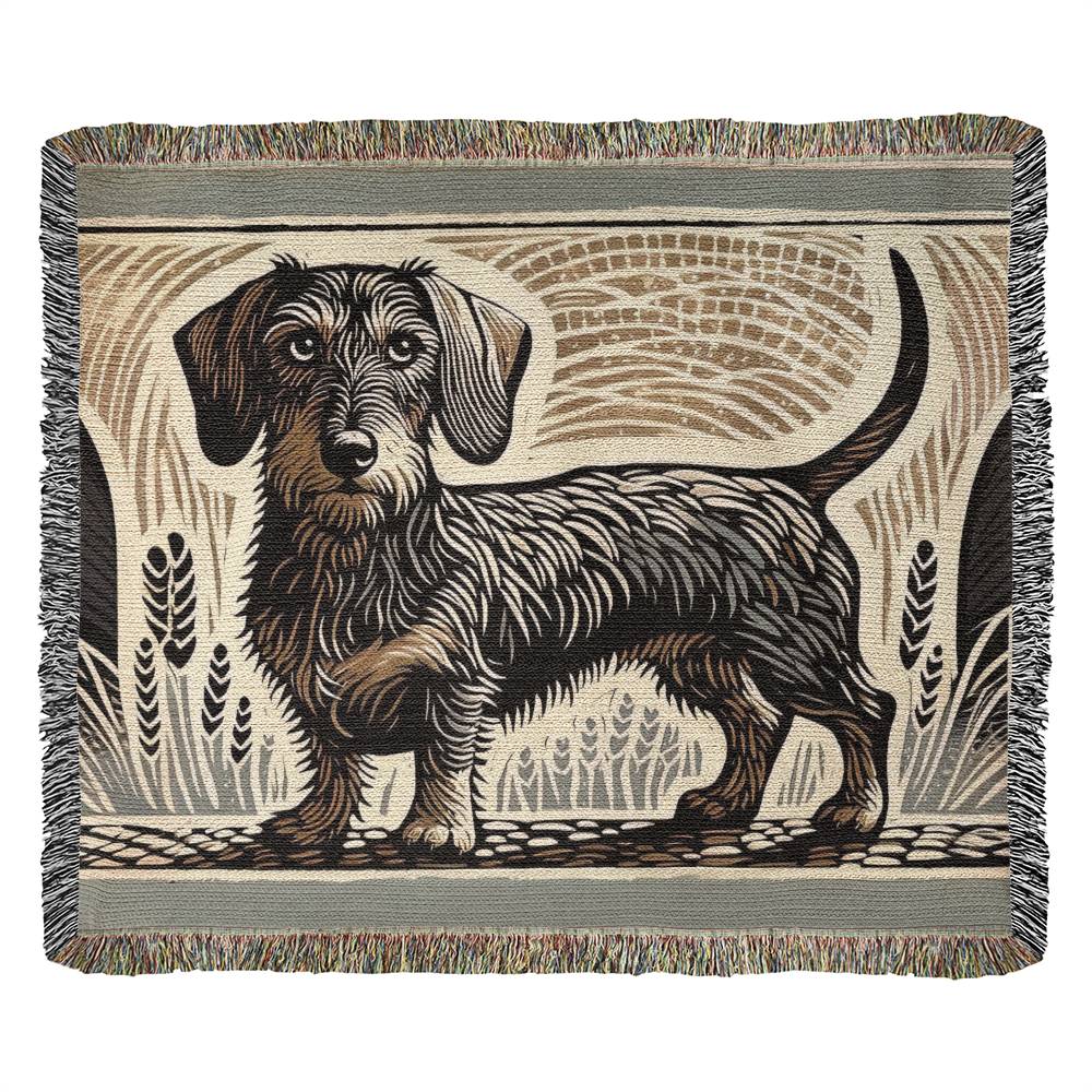 "Bold Wilderness" Wire-Haired Dachshund Brown Linocut Woven Blanket