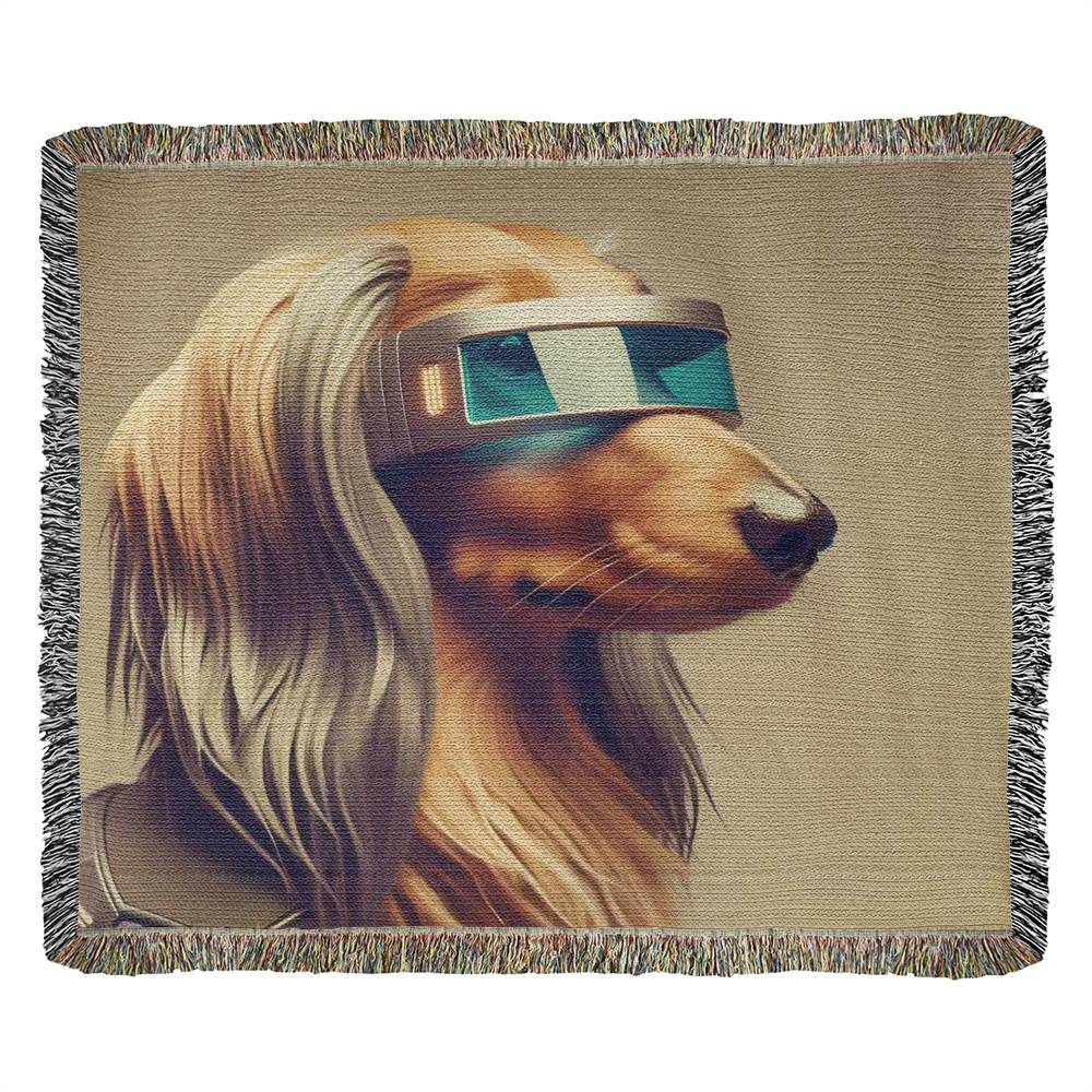 "Rovertron 3000" Brown Long-Haired Dachshund Sci-fi Inspired Woven Blanket
