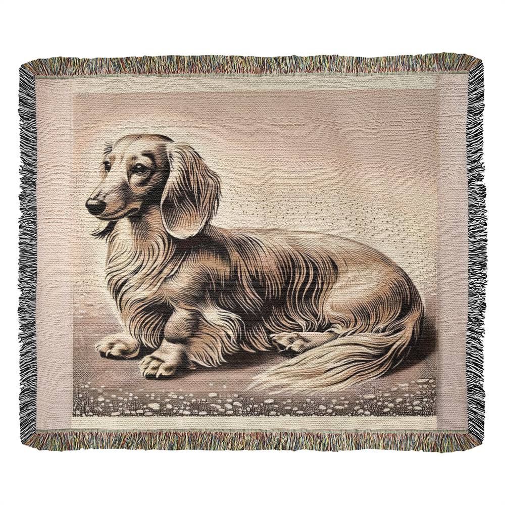 "Oatmeal" Cream-Colored Long-Haired Dachshund Linocut Woven Blanket