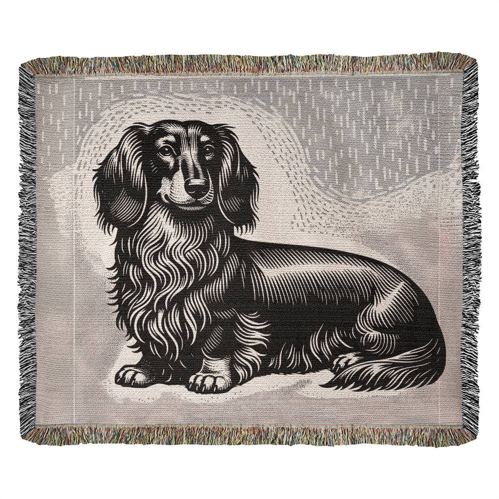 "Dashes" Long-Haired Dachshund White & Gray Linocut Woven Blanket