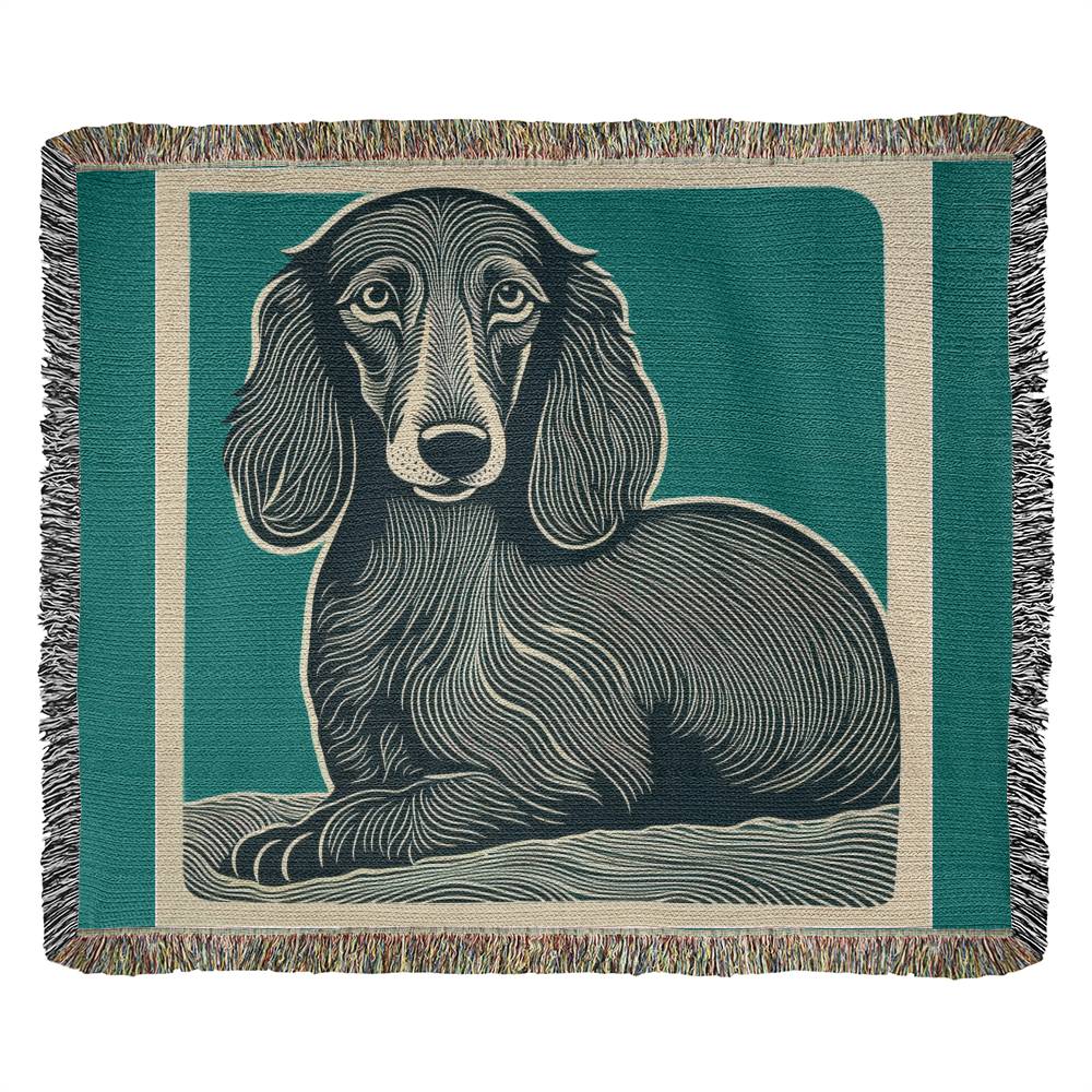 "Why the Long Blue Face?" Long Haired Dachshund Linocut Woven Blanket