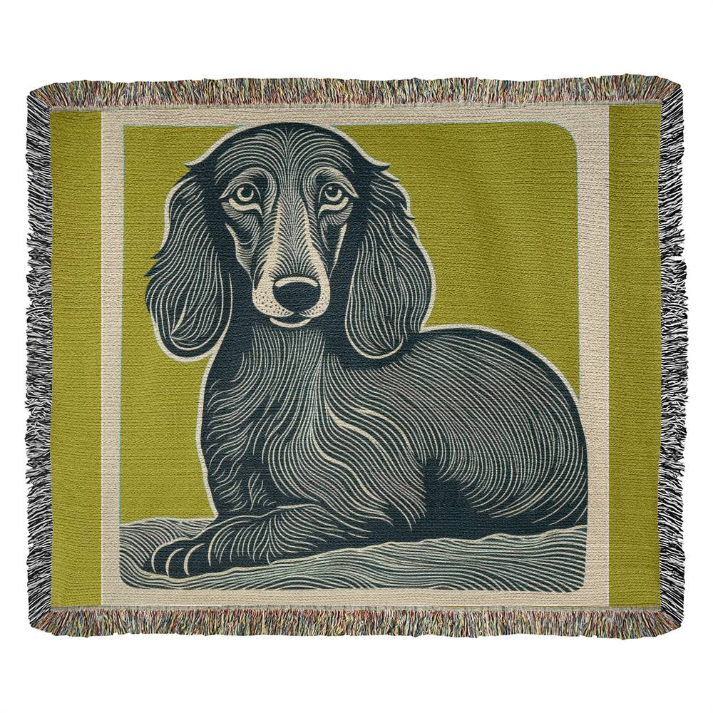 "Why The Long Green Face?" Long Haired Dachshund Linocut Woven Blanket