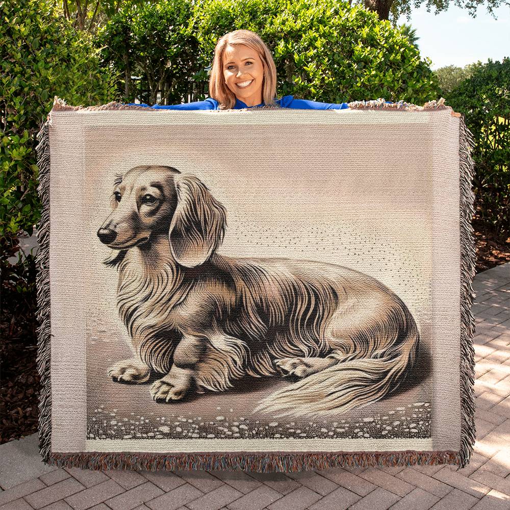 "Oatmeal" Cream-Colored Long-Haired Dachshund Linocut Woven Blanket
