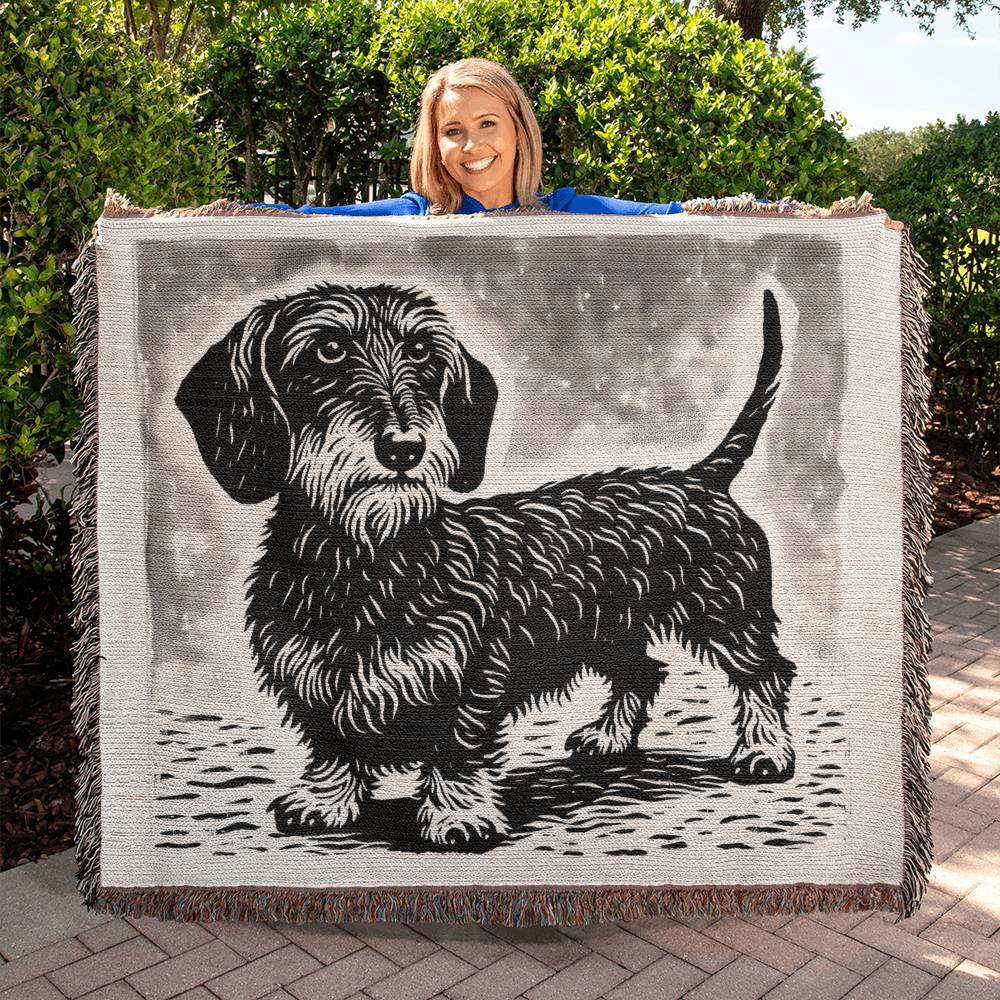 "Puppy Eyes" Wire-Haired Dachshund Black & Gray Linocut Woven Blanket