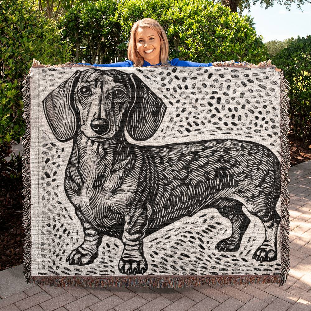 "Speckled Cutie" Smooth-Haired Dachshund Black & Gray Linocut Woven Blanket