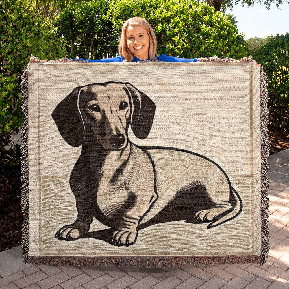 "Sandy" Tan Smooth-Haired Dachshund Linocut Woven Blanket