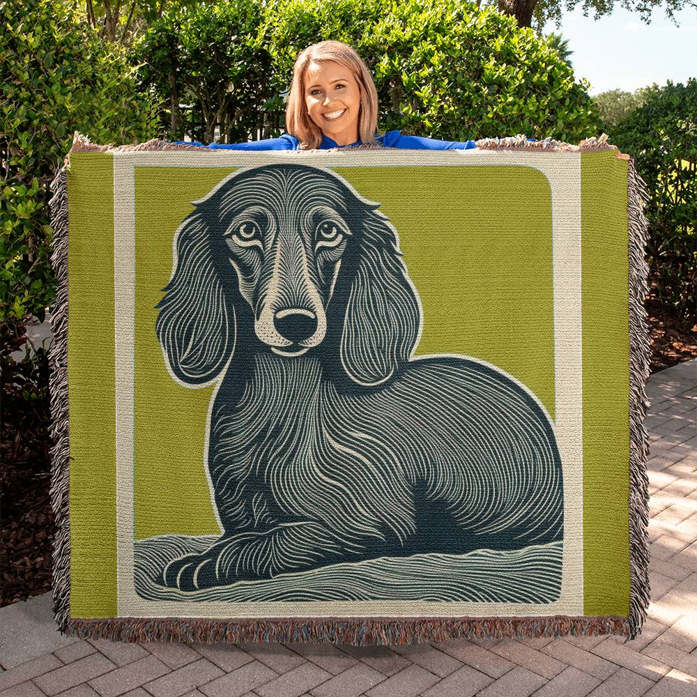 "Why The Long Green Face?" Long Haired Dachshund Linocut Woven Blanket