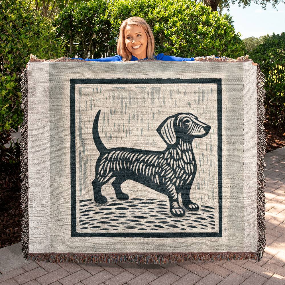 "Chiseled" Smooth-Haired Dachshund Linocut Woven Blanket