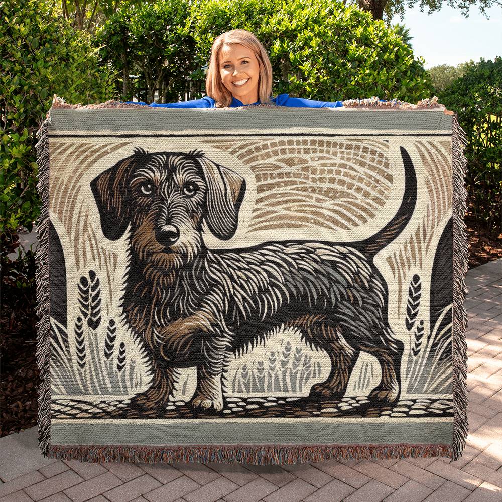 "Bold Wilderness" Wire-Haired Dachshund Brown Linocut Woven Blanket