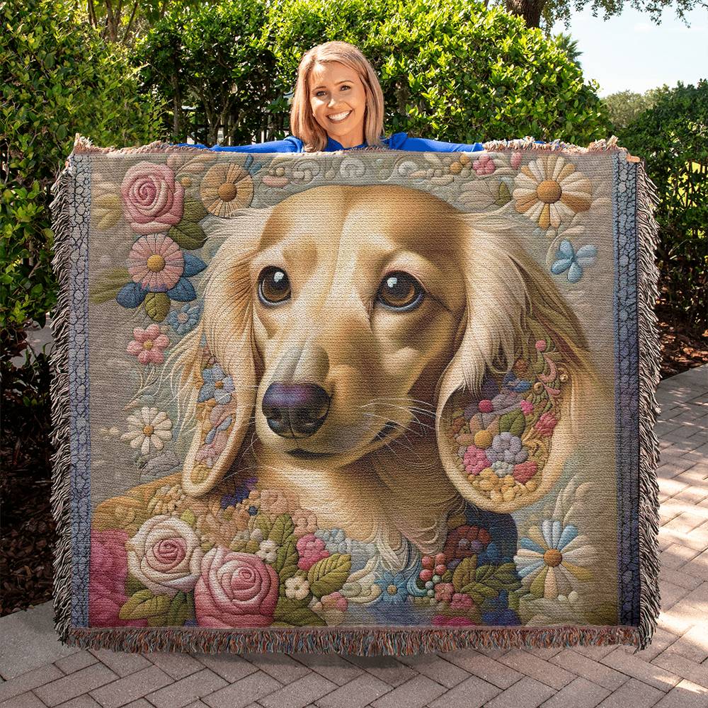 "Stitched Petals" Cream-Colored Long-Haired Dachshund Floral Embroidery Inspired Woven Blanket