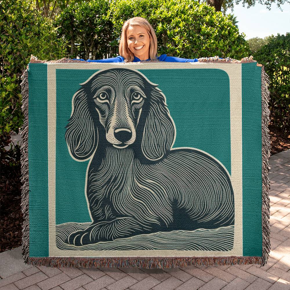 "Why the Long Blue Face?" Long Haired Dachshund Linocut Woven Blanket